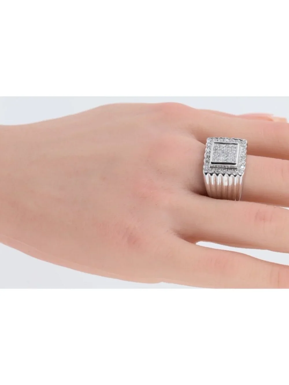 14K Solid White Gold Princess Cut Diamond Cluster Halo Men's Ring - Size 9.25